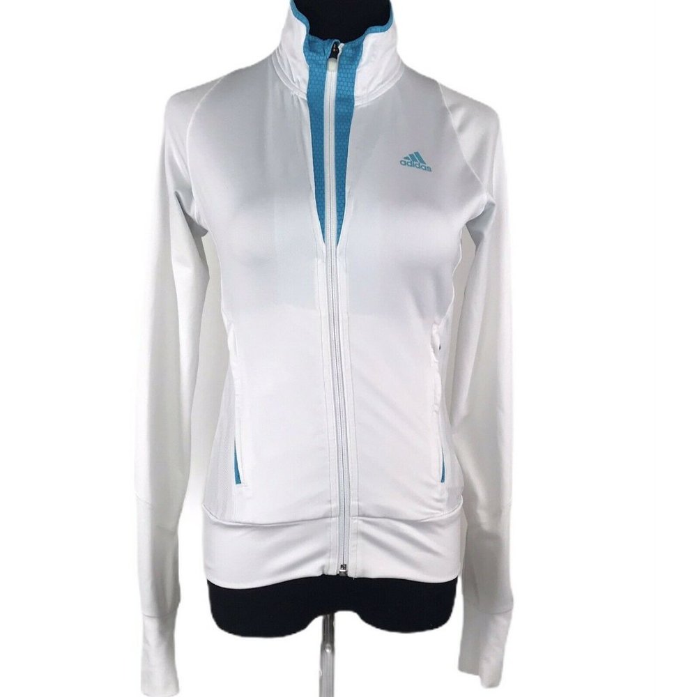 Adidas Womens White Blue Stretch Full Zip Jacket Size XS Supernova